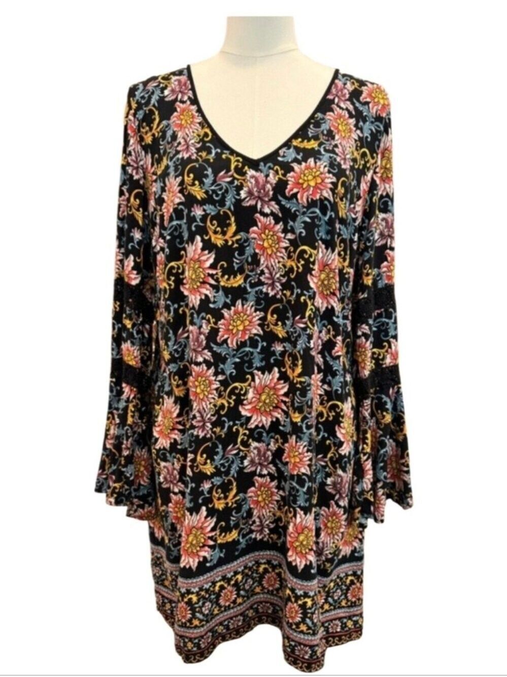 Xhilaration Black Floral Bell Sleeve Mini Dress XXL - Picture 10 of 17